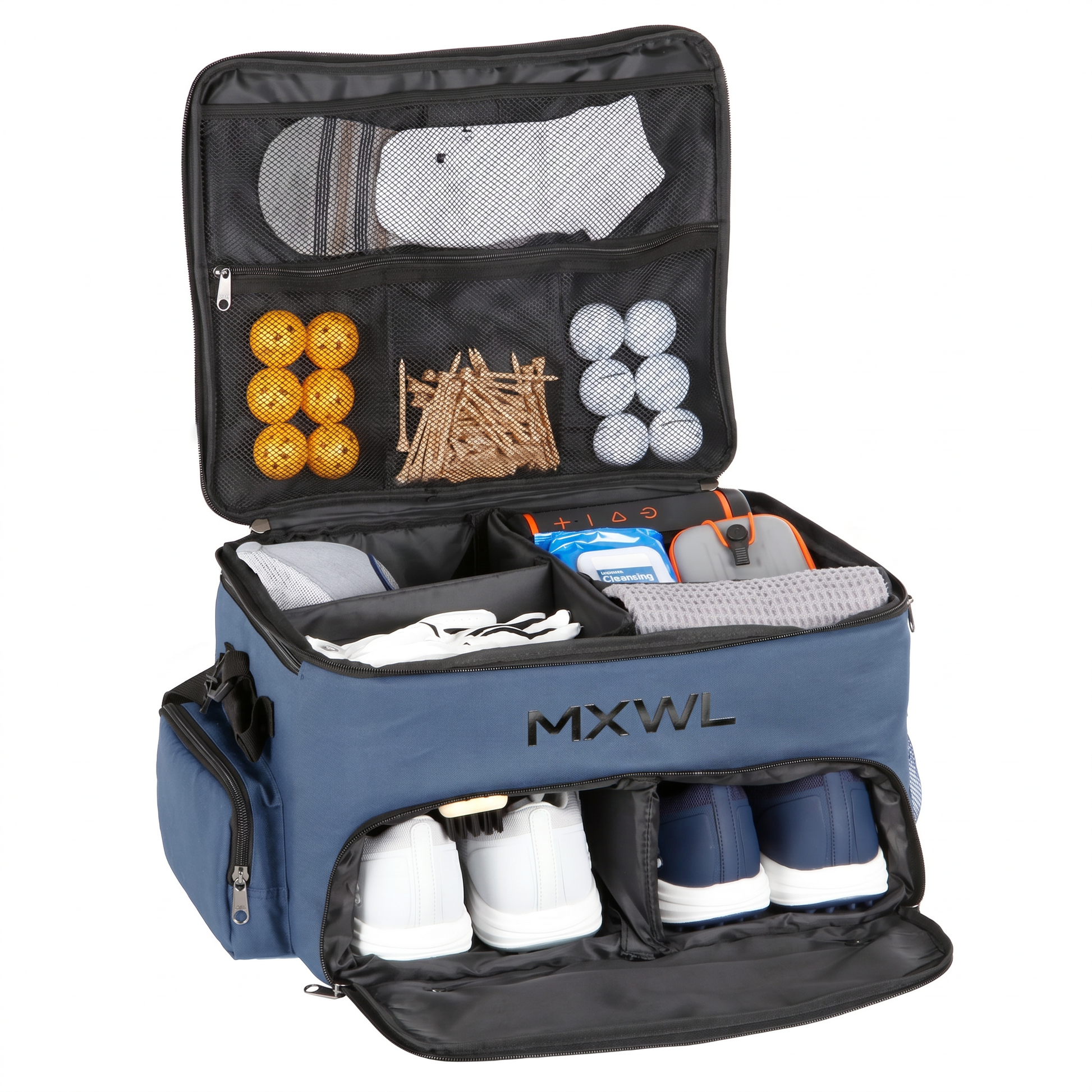 Open blue golf bag with various golf accessories on a white background