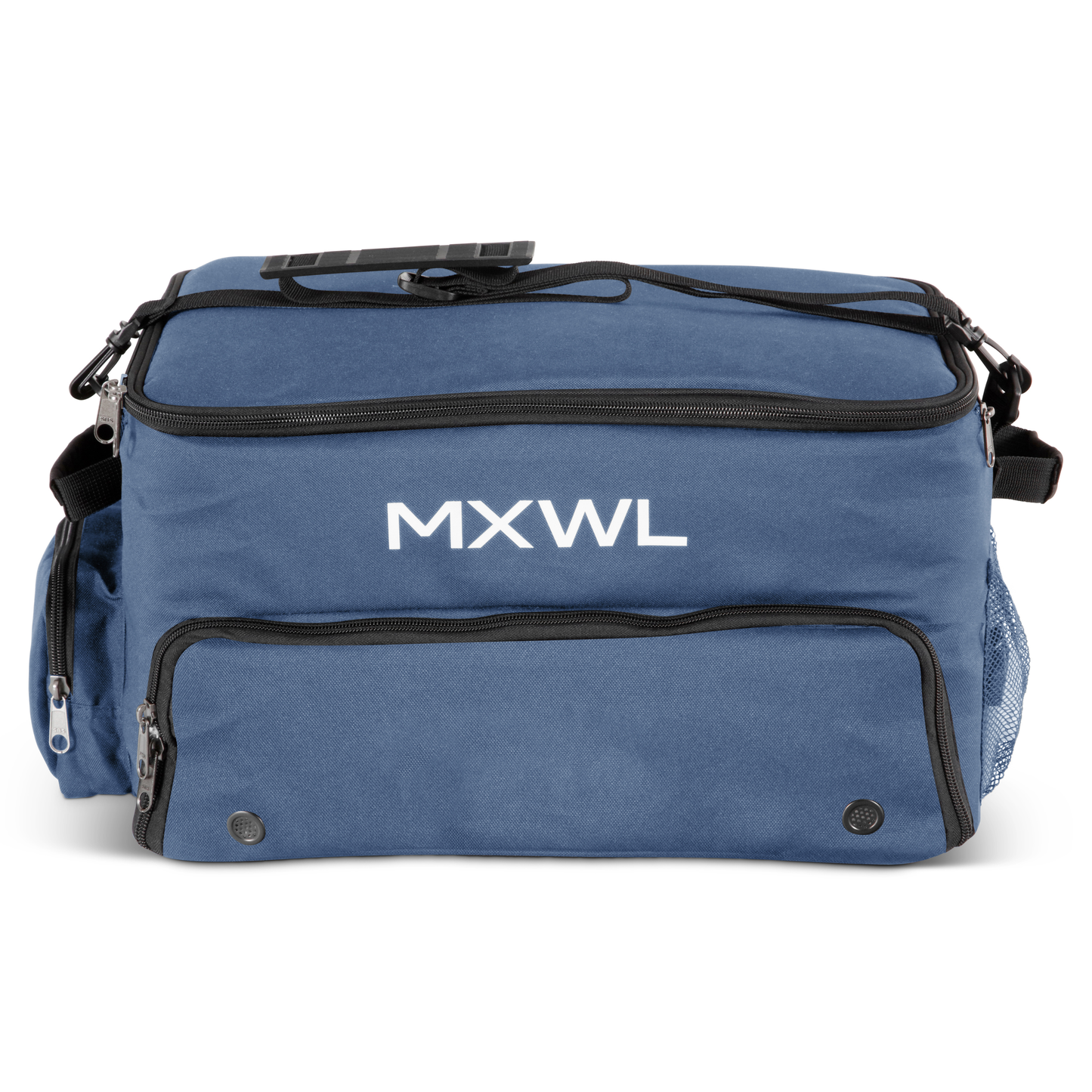 Blue bag with 'MXWL' branding on a white background