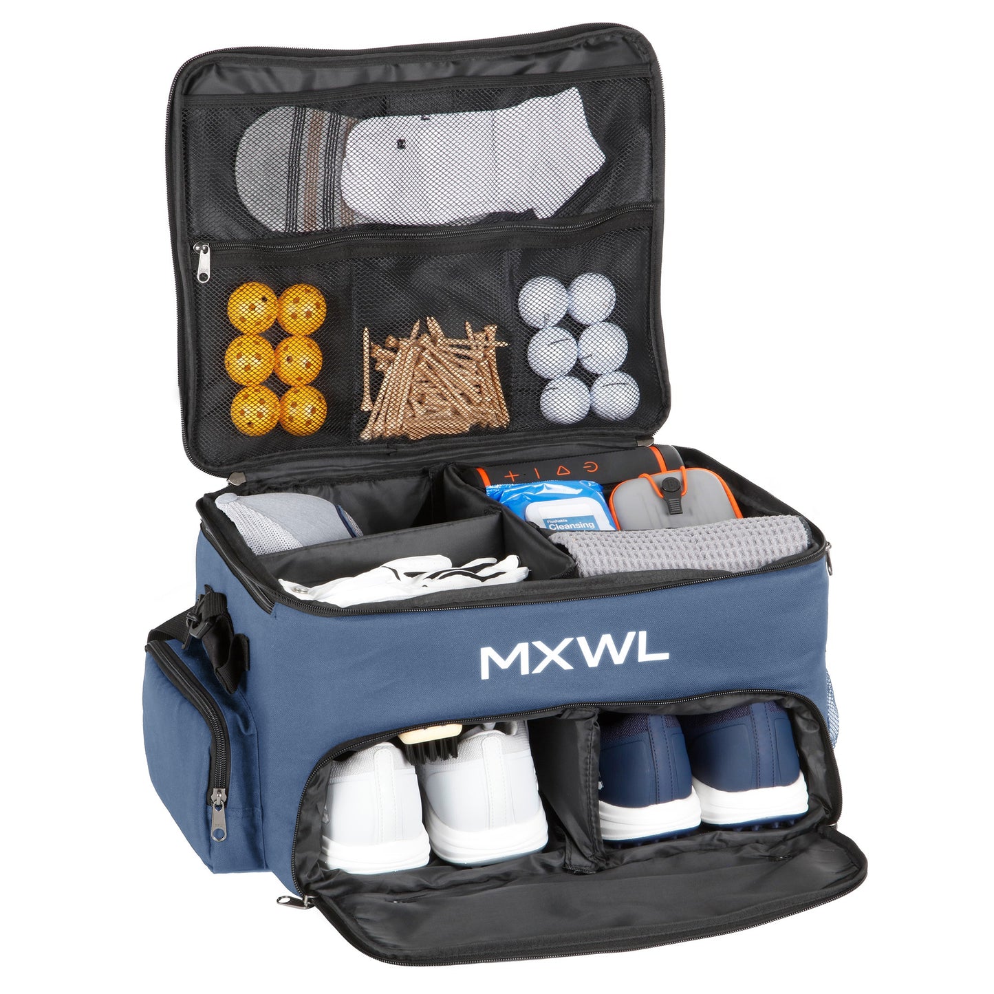 Open blue sports bag with various items including balls and equipment, featuring the MXWL brand.