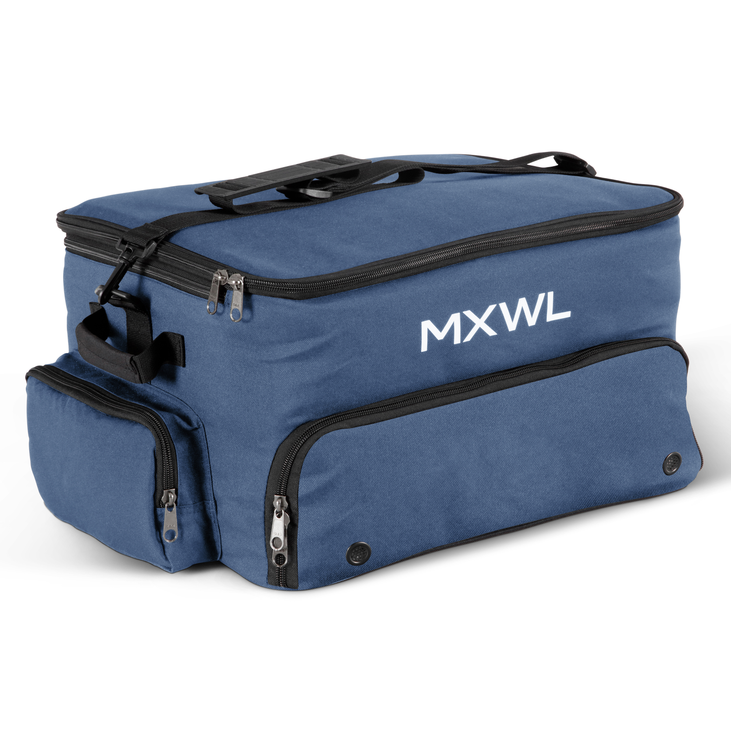 Blue bag with black zippers and MXWL branding on a white background
