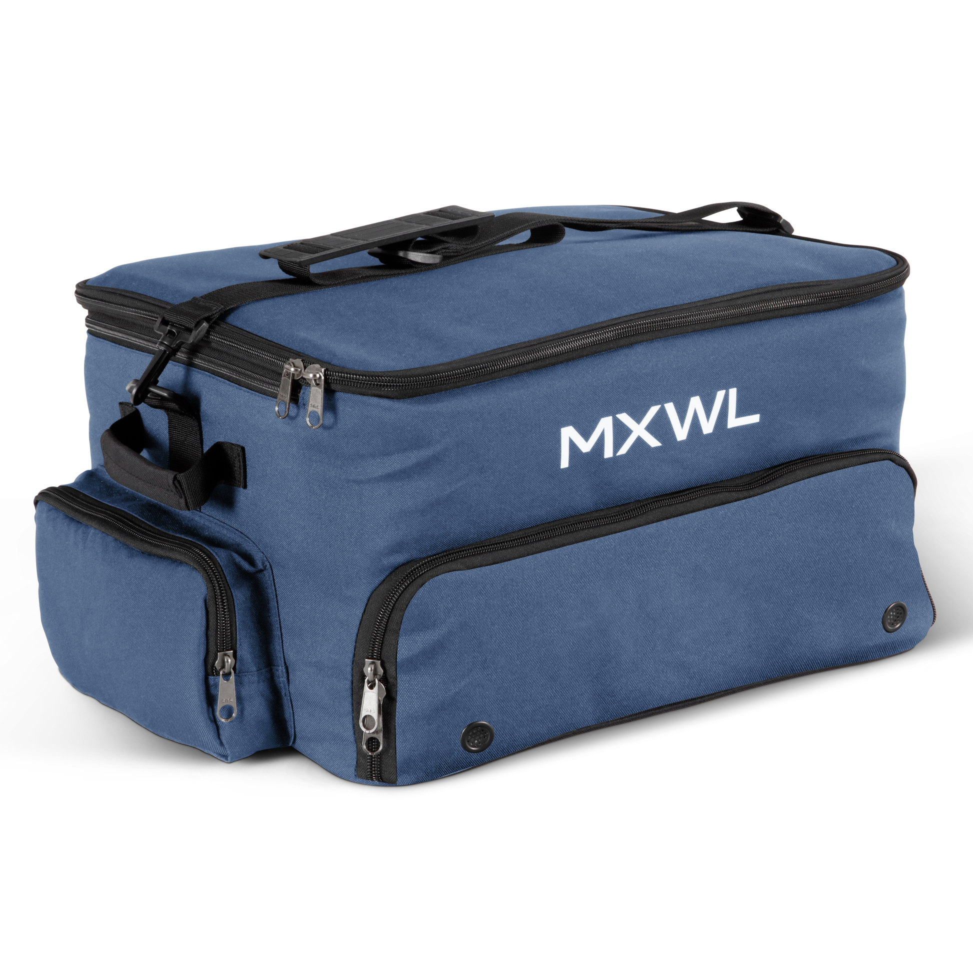 Blue bag with black zippers and MXWL branding on a white background
