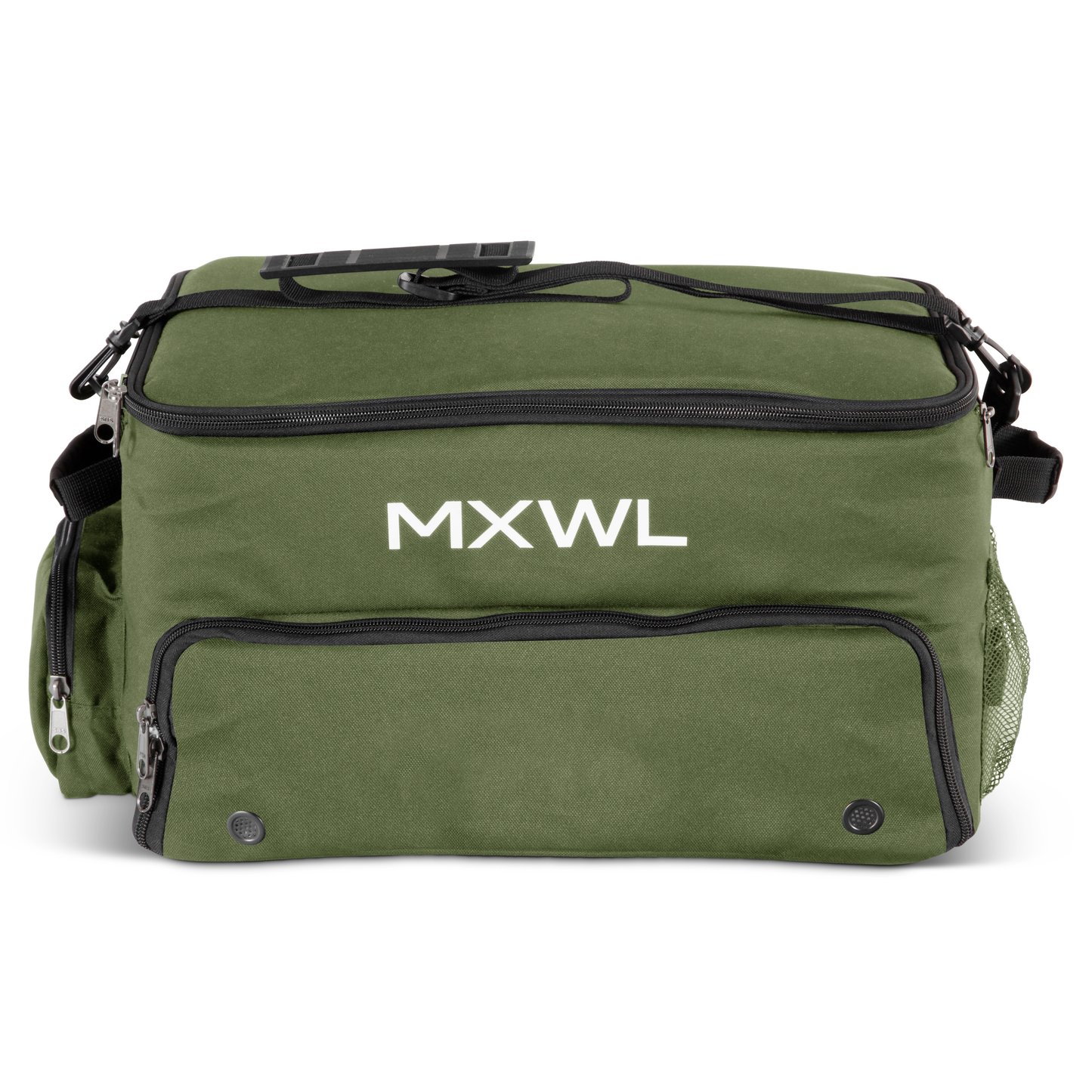 Green bag with 'MXWL' branding on a white background