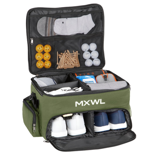 Green sports bag with various items including golf balls and shoes, featuring the MXWL brand.