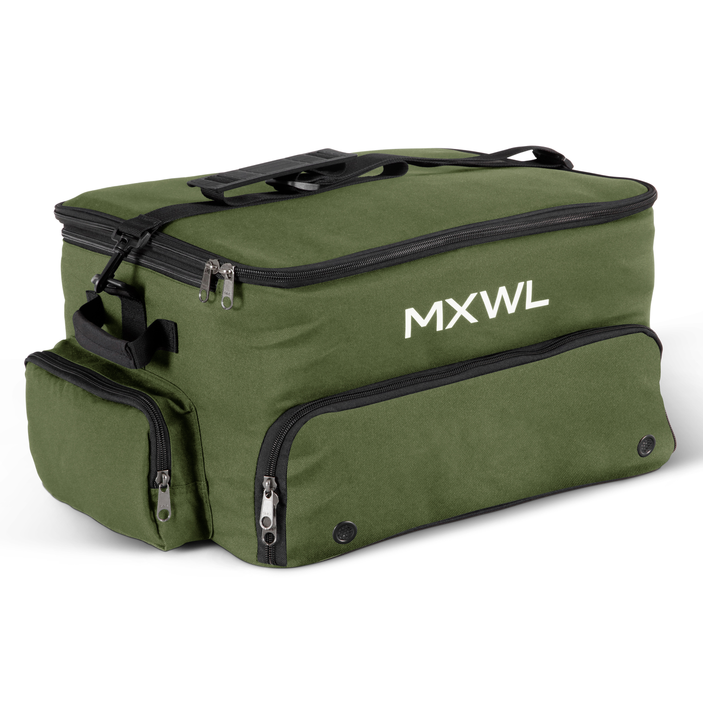 Green bag with black zippers and 'MXWL' branding on a white background