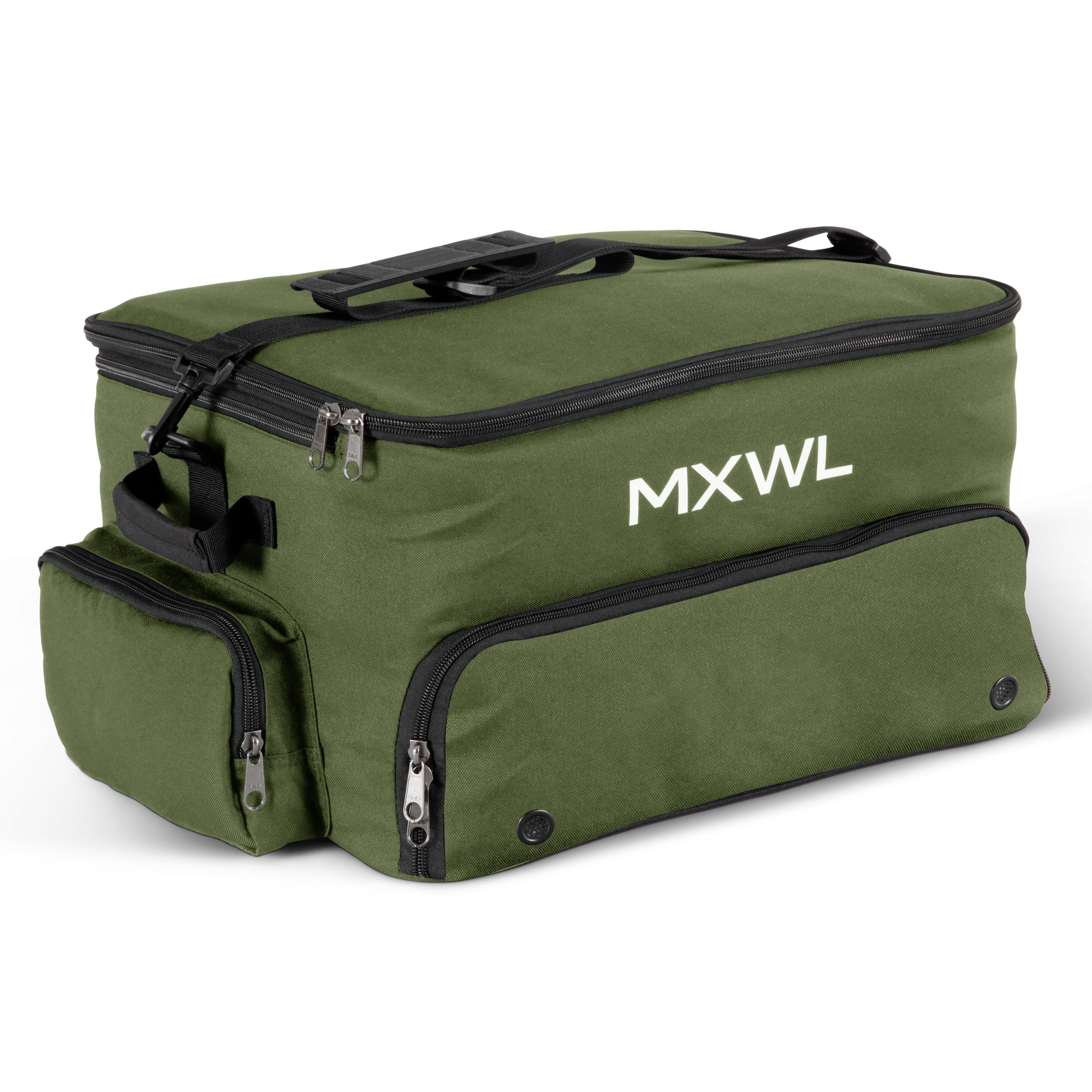 Green bag with black zippers and 'MXWL' branding on a white background