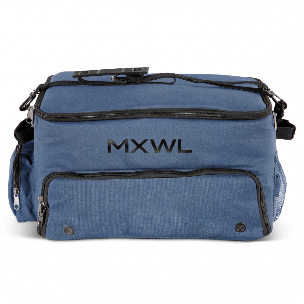 Blue bag with black zippers and 'MXWL' branding on a white background